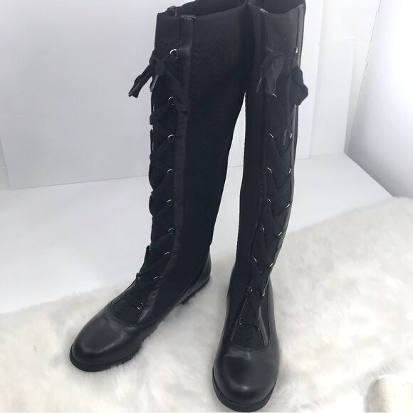 Polly Black Caviar Herringbone Textile Knit Tall Lace Up Pull On Combat Boots - Picture 6 of 16